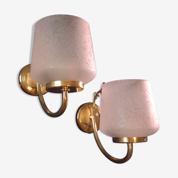Pair of gold glass and metal wall lamps