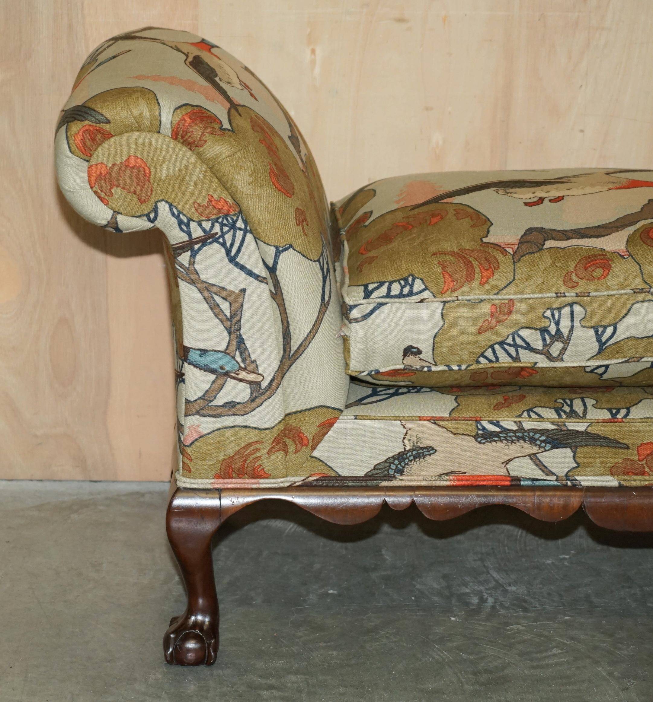 Antique banquette with cluster and ball feet, window seat in Mulberry Flying Ducks fabric.