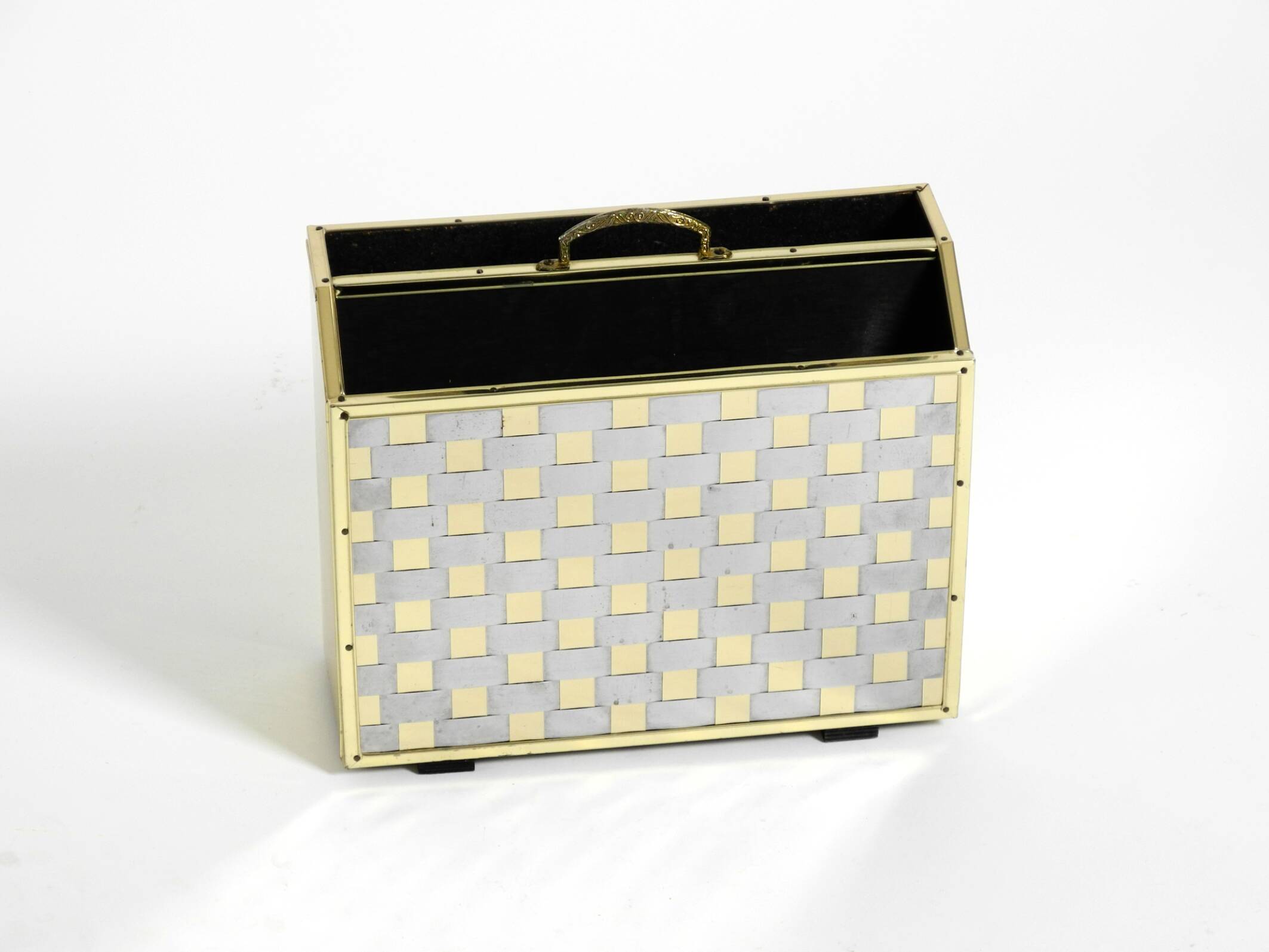 1980s newspaper rack made of brass and wood in Hollywood Regecy design