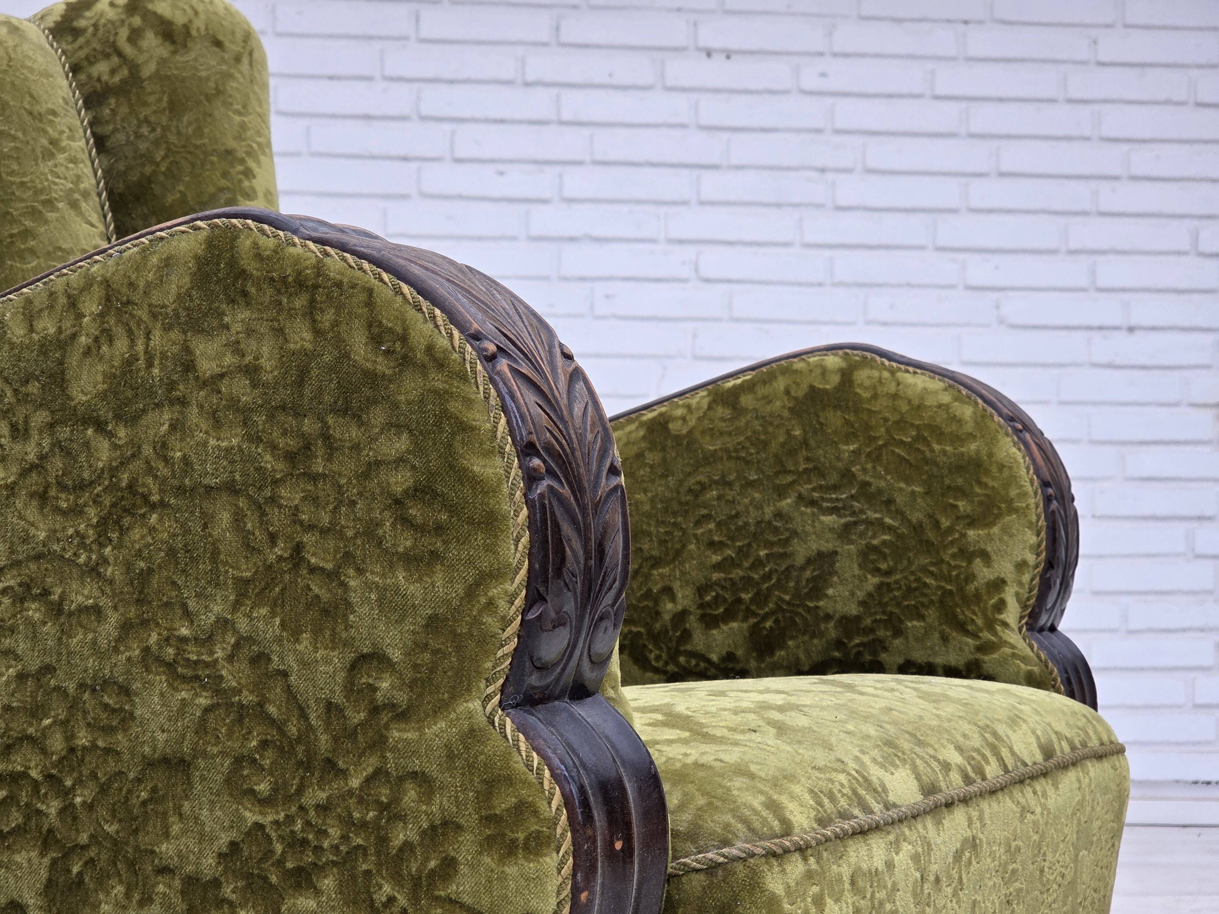 1950s, Danish relax chair. Furniture velour, oak wood,