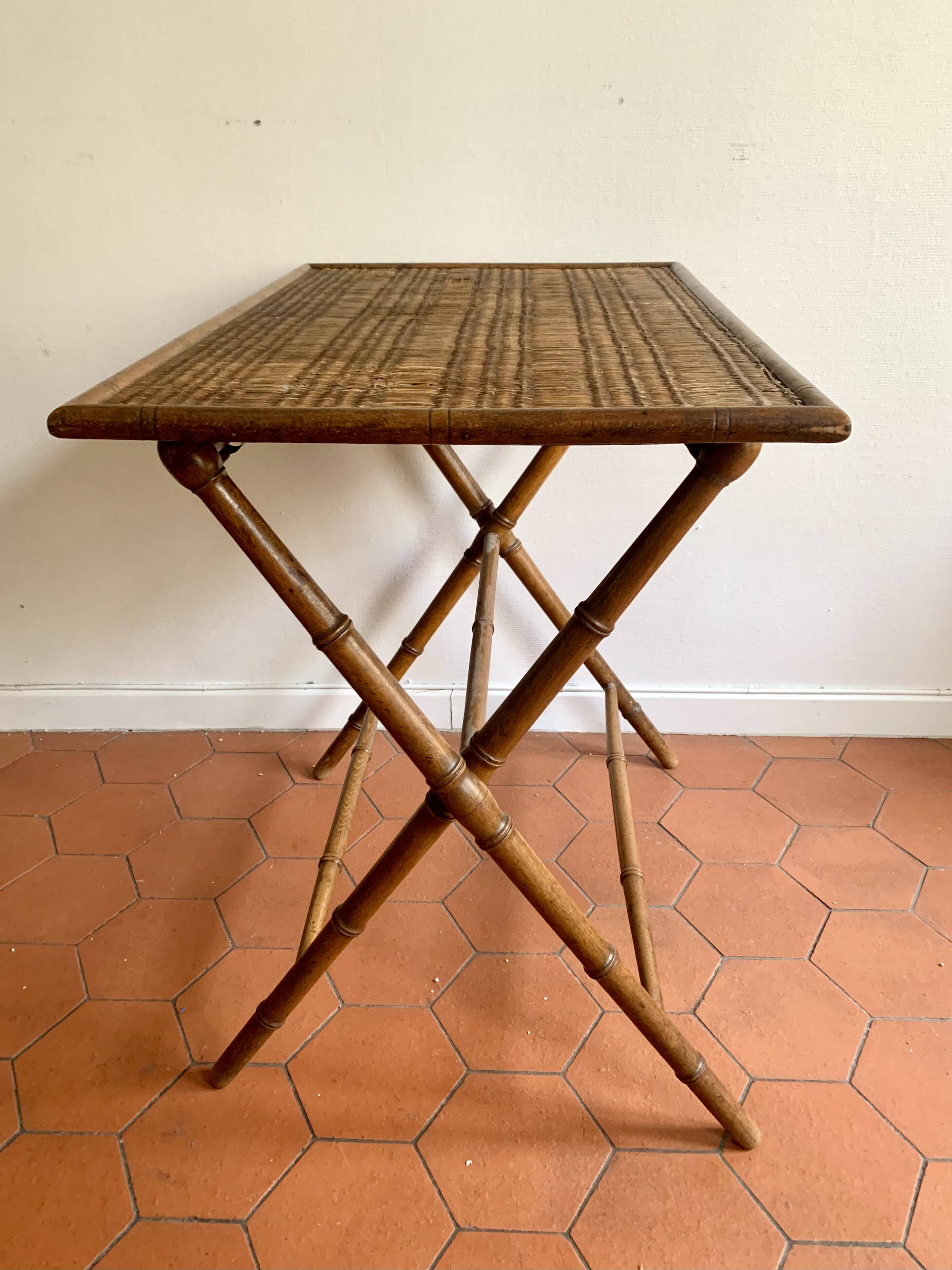 Folding table in bamboo-style wood and woven top, Napoleon III