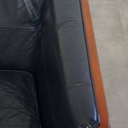 2.5-Seater Art Deco Sofa with Woodwork and Dark Blue Cowhide Leather