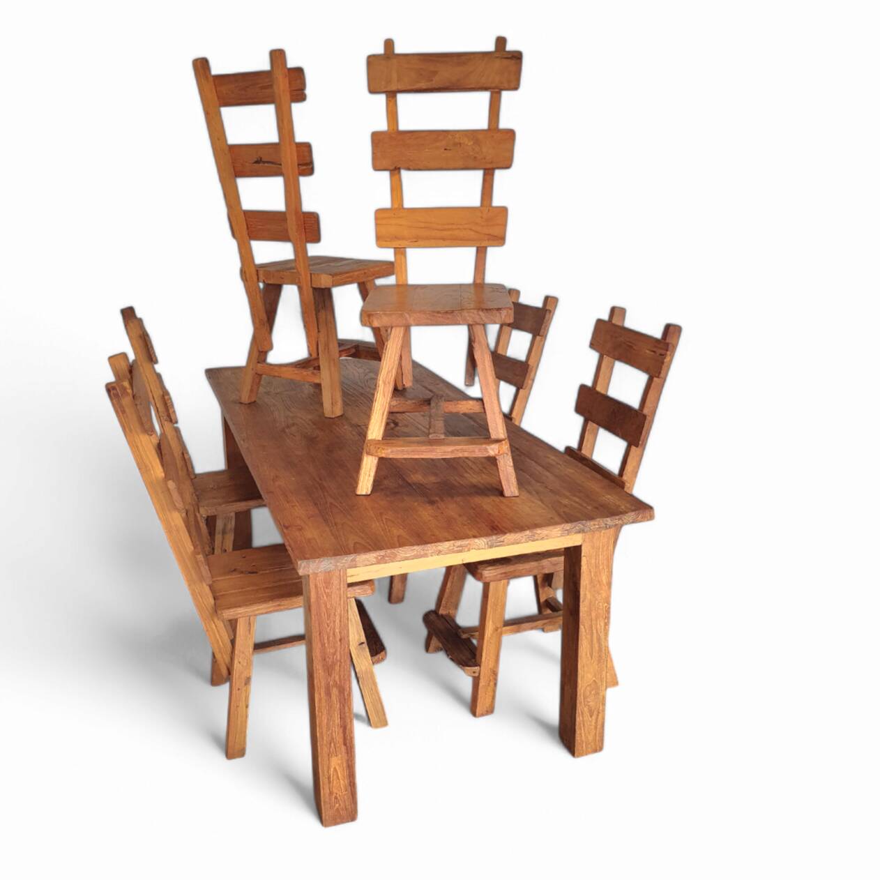 Elm wood brutalist wabi sabi dining set with 6 chairs & Table, 1960s