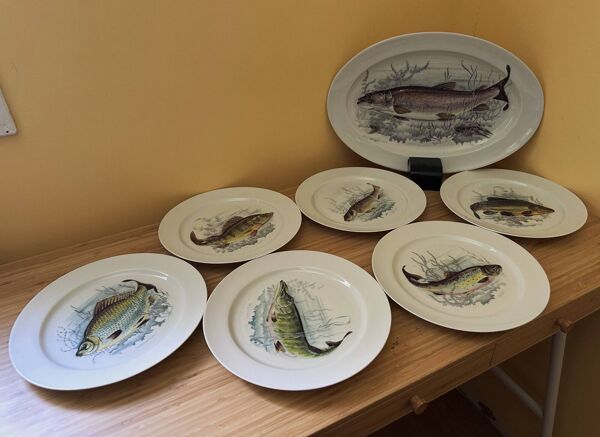 Service à Poisson 7 pièces -6 assiettes et 1 grand plat- en Porcelaine de L
