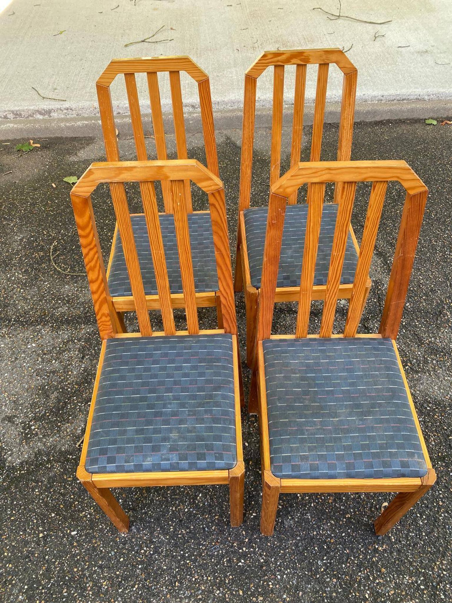 4 solid wood and blue fabric dining chairs with bars