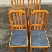 4 solid wood and blue fabric dining chairs with bars