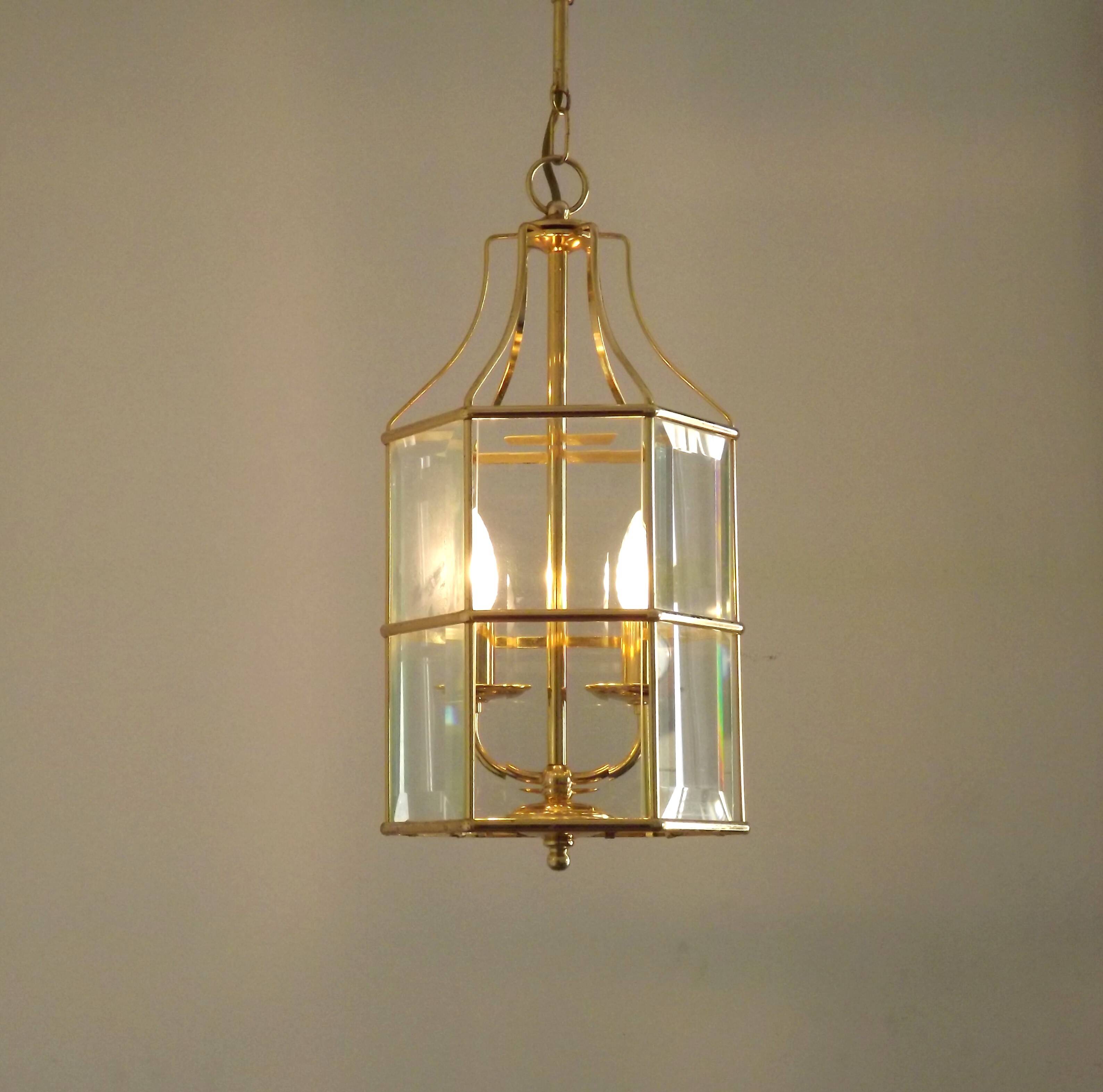 French Vintage 2 Light Hexagonal Gold Metal & Beveled Glass Hanging Light