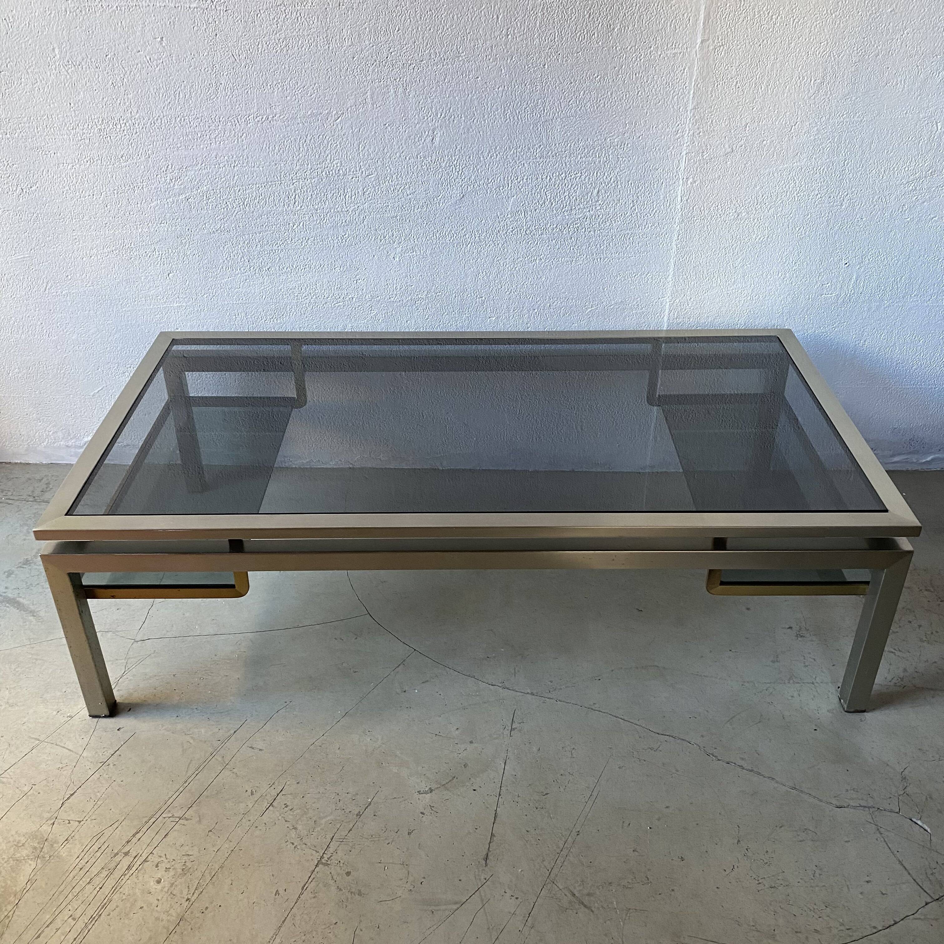 Guy Lefèvre Coffee Table for Maison Jansen, Brushed Steel and Brass