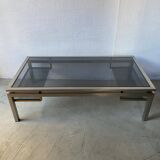 Guy Lefèvre Coffee Table for Maison Jansen, Brushed Steel and Brass