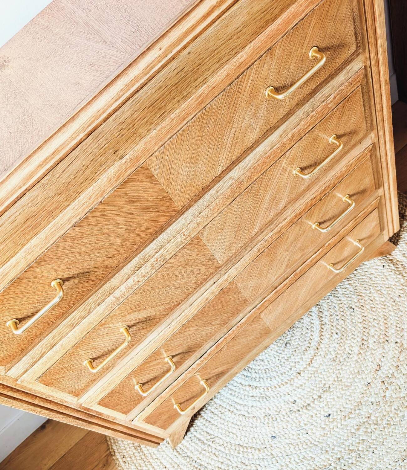 Vintage oak chest of drawers with compass feet