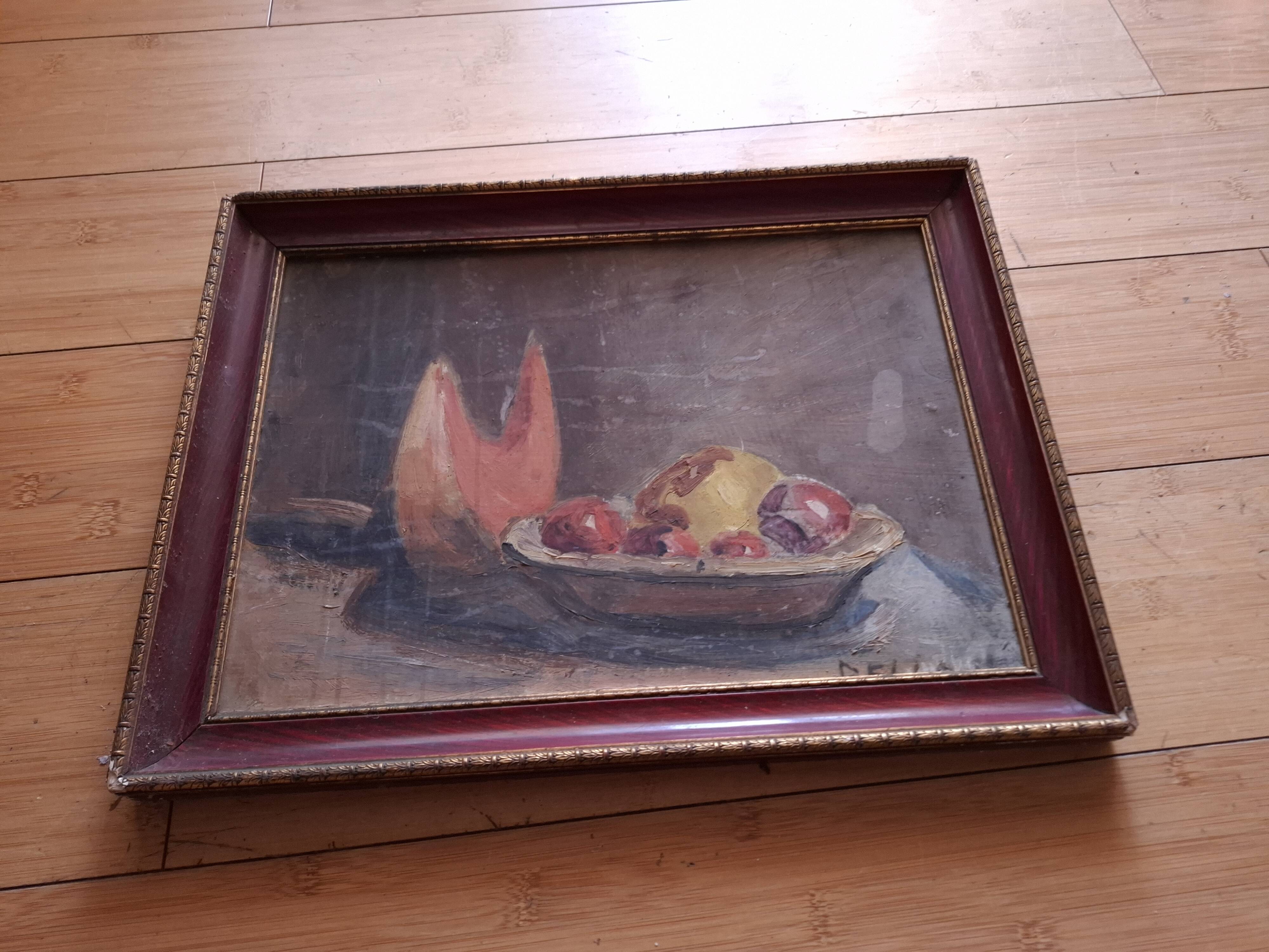 Tableau , huile sur carton  , nature morte coupe de fruit signée Bello