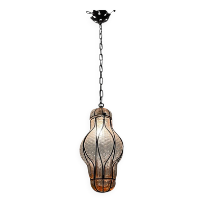 Suspension en verre de Murano rose et fer forgé, années 1970