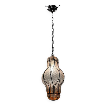 Suspension en verre de Murano rose et fer forgé, années 1970