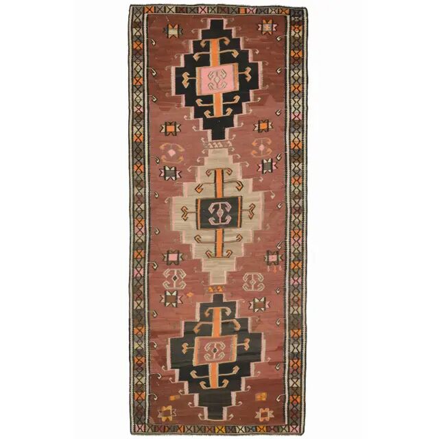 Vintage Turkish Oushak handmade wool cotton brown runner rug 137X338