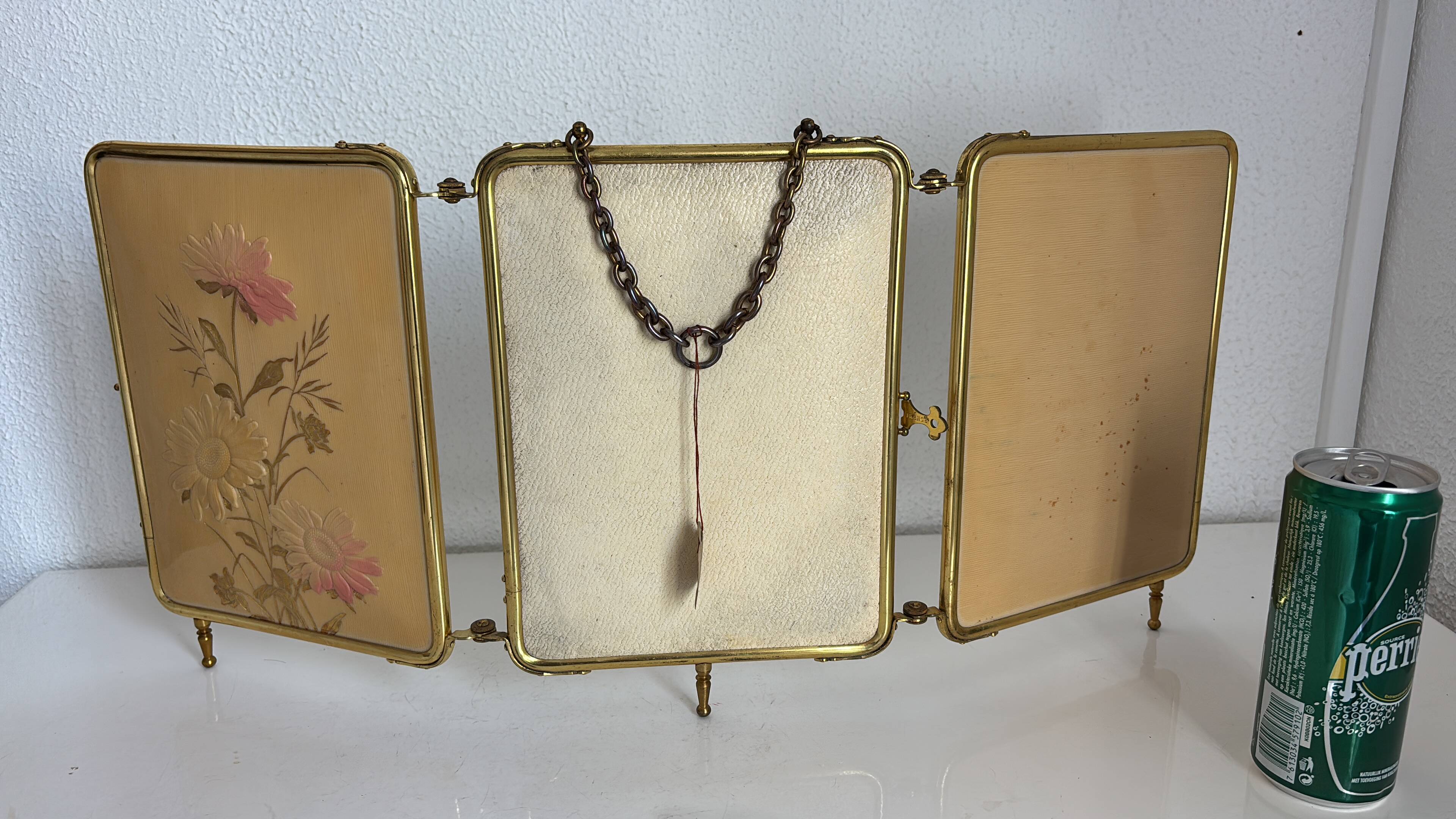 Miroir vintage 1920 triptyque barbier doré fleurs neuf bon marché - 28 x 60