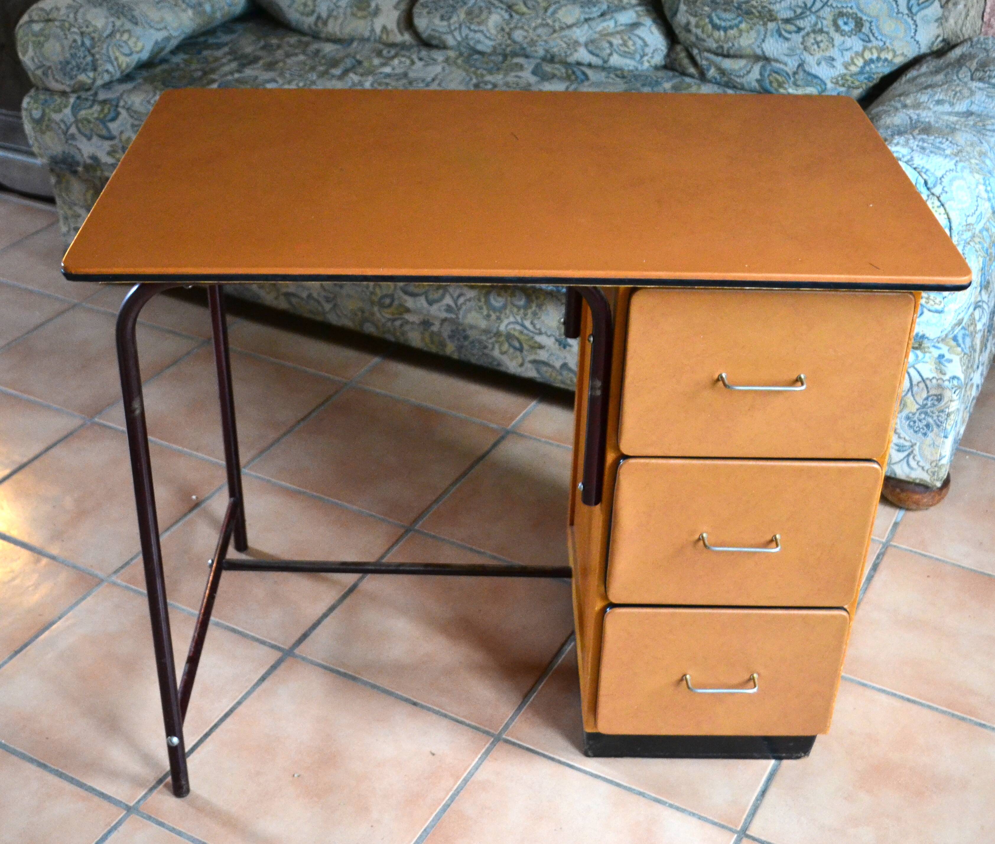 Beech desk with orange faux leather, 3 drawers, 1960s-70s.