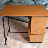 Beech and orange leatherette desk with 3 drawers, 60s/70s