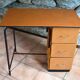 Beech desk with orange faux leather, 3 drawers, 1960s-70s.
