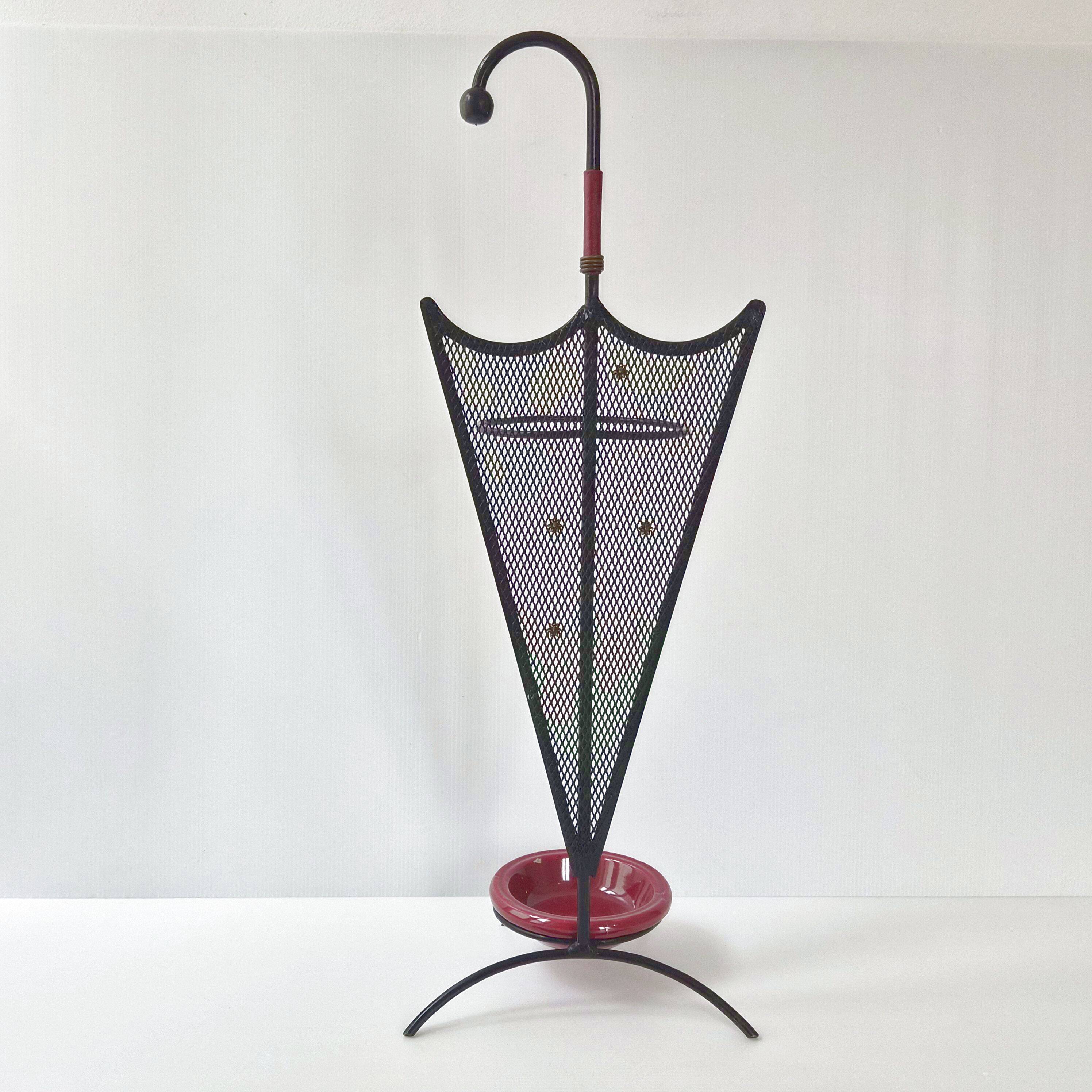 Porte-parapluie vintage 1950 en métal cuir & céramique bordeaux 50s rockabilly