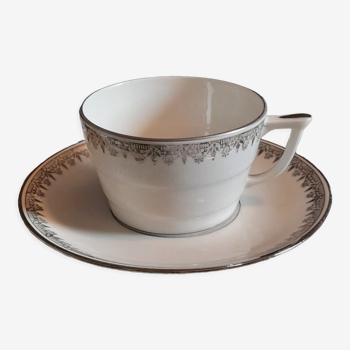Tasse et sous-tasse à café, porcelaine de Limoges, blanche et argentée, art déco - 1930