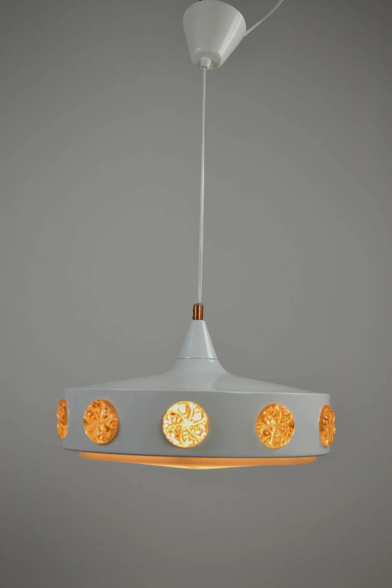 Pendant Lamp with Amber Glass Medallion Inserts — Vitrika, Denmark, 1960s