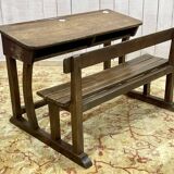 Early 20th century oak school desk with porcelain inkwells