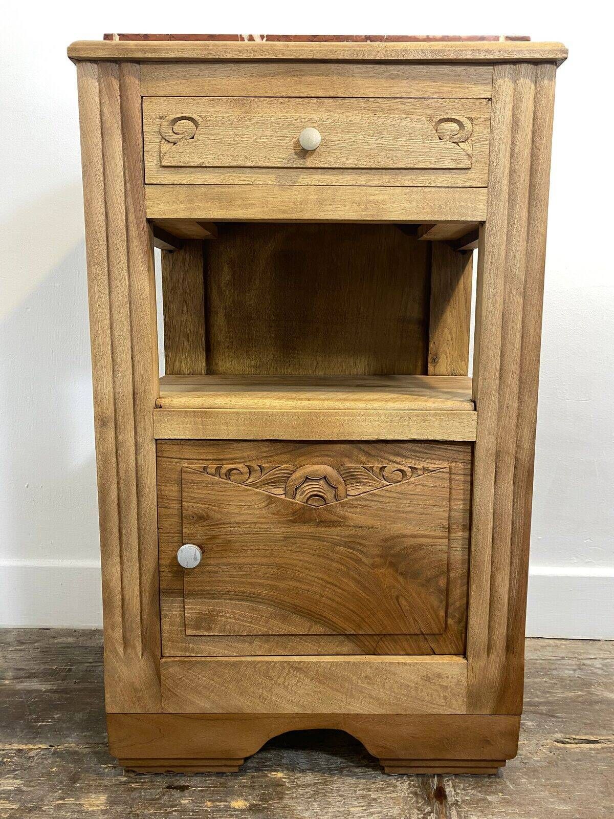 Provincial antique bedside table in walnut, with a red marble top.