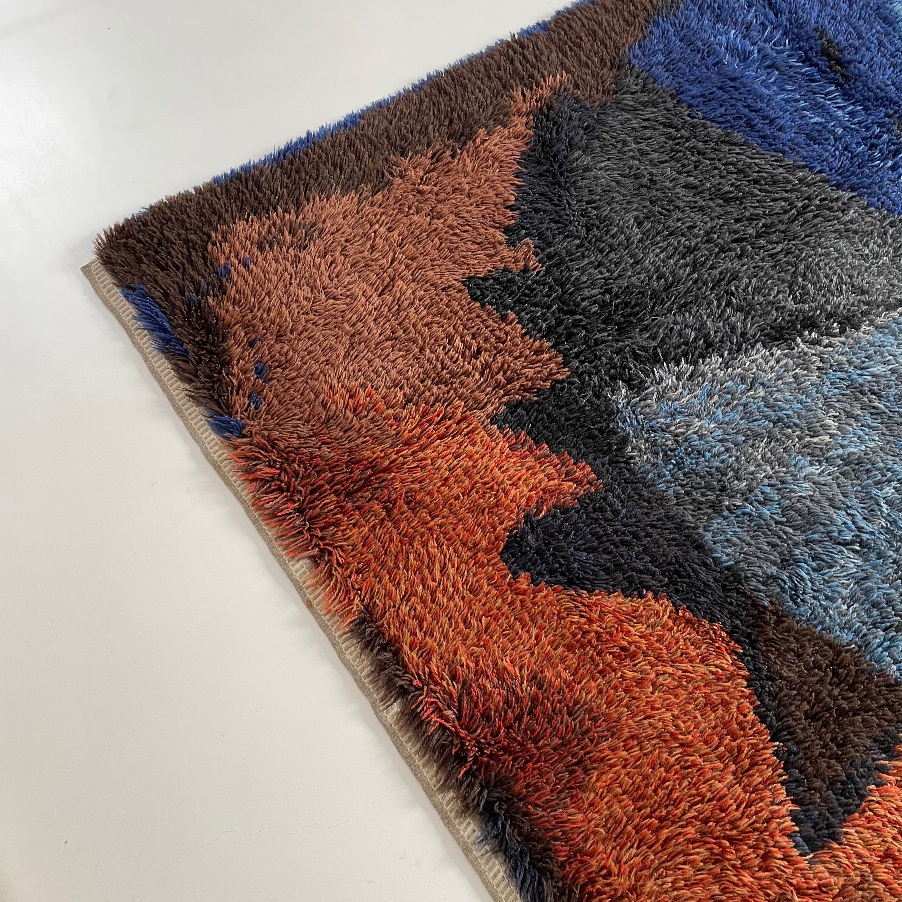 Abstract Scandinavian Multicolor High Pile Rya Rug Carpet, Sweden, 1960s