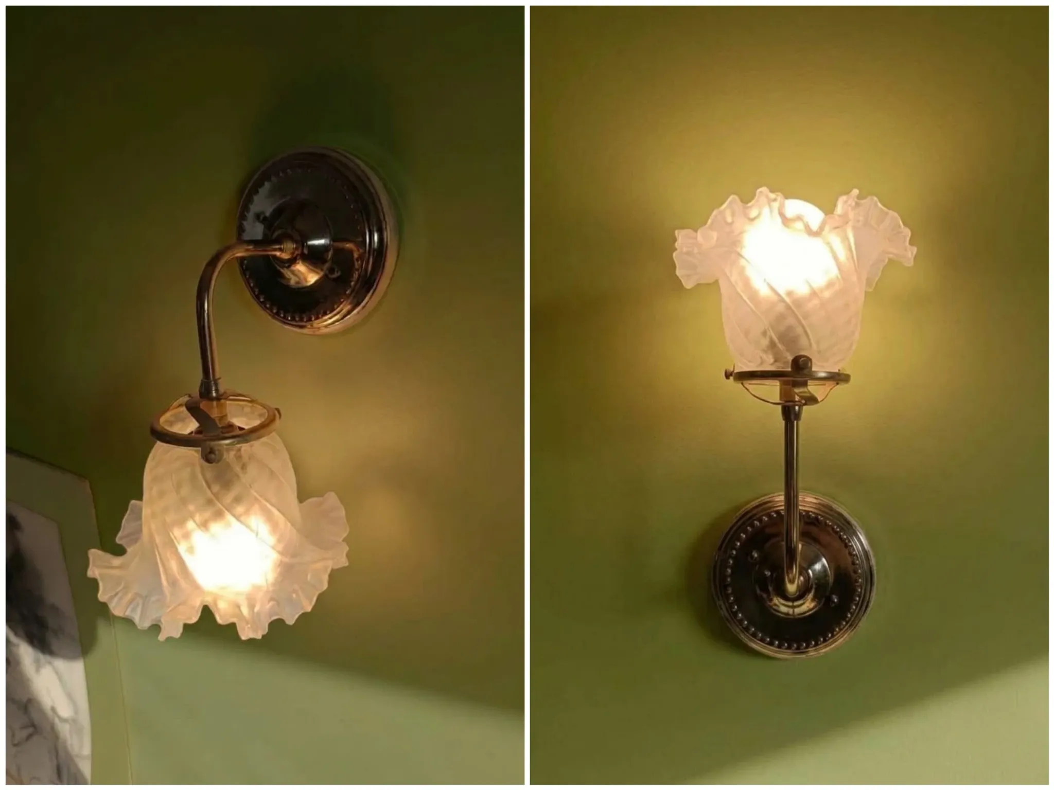 Chic retro wall light in gold brass & pink glass tulip