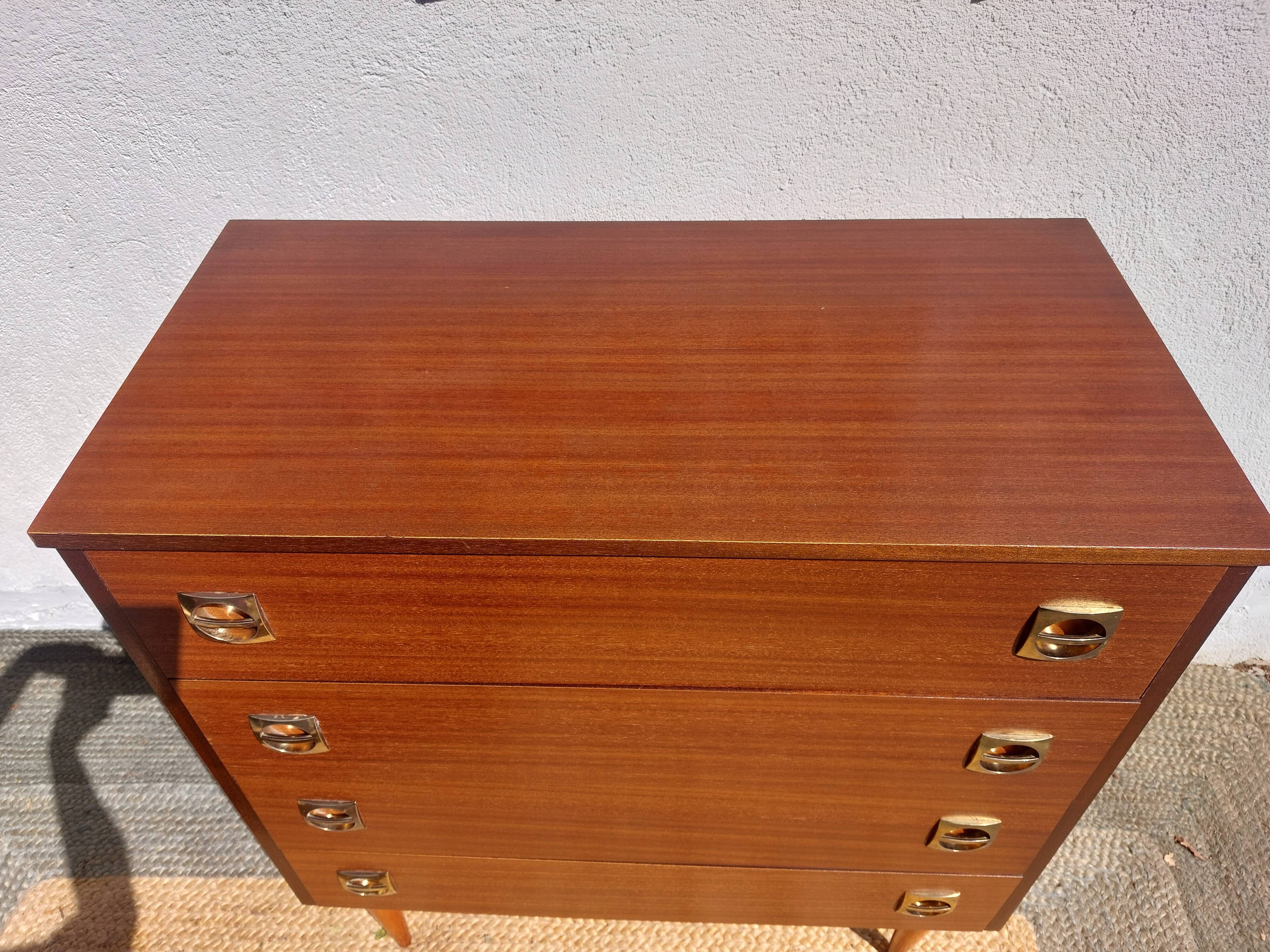1960s chest of drawers, spindle legs, recessed handles