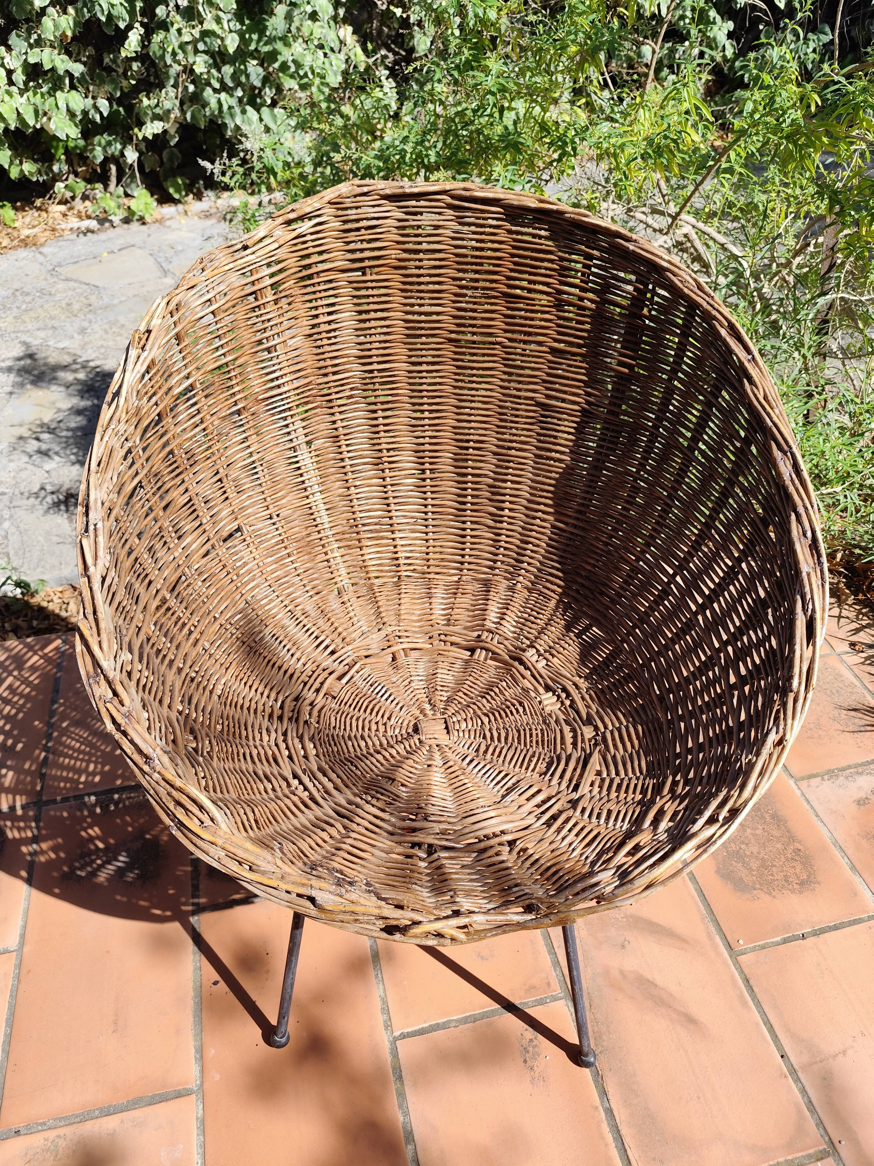 Vintage 1950s rattan and wrought iron basket armchair