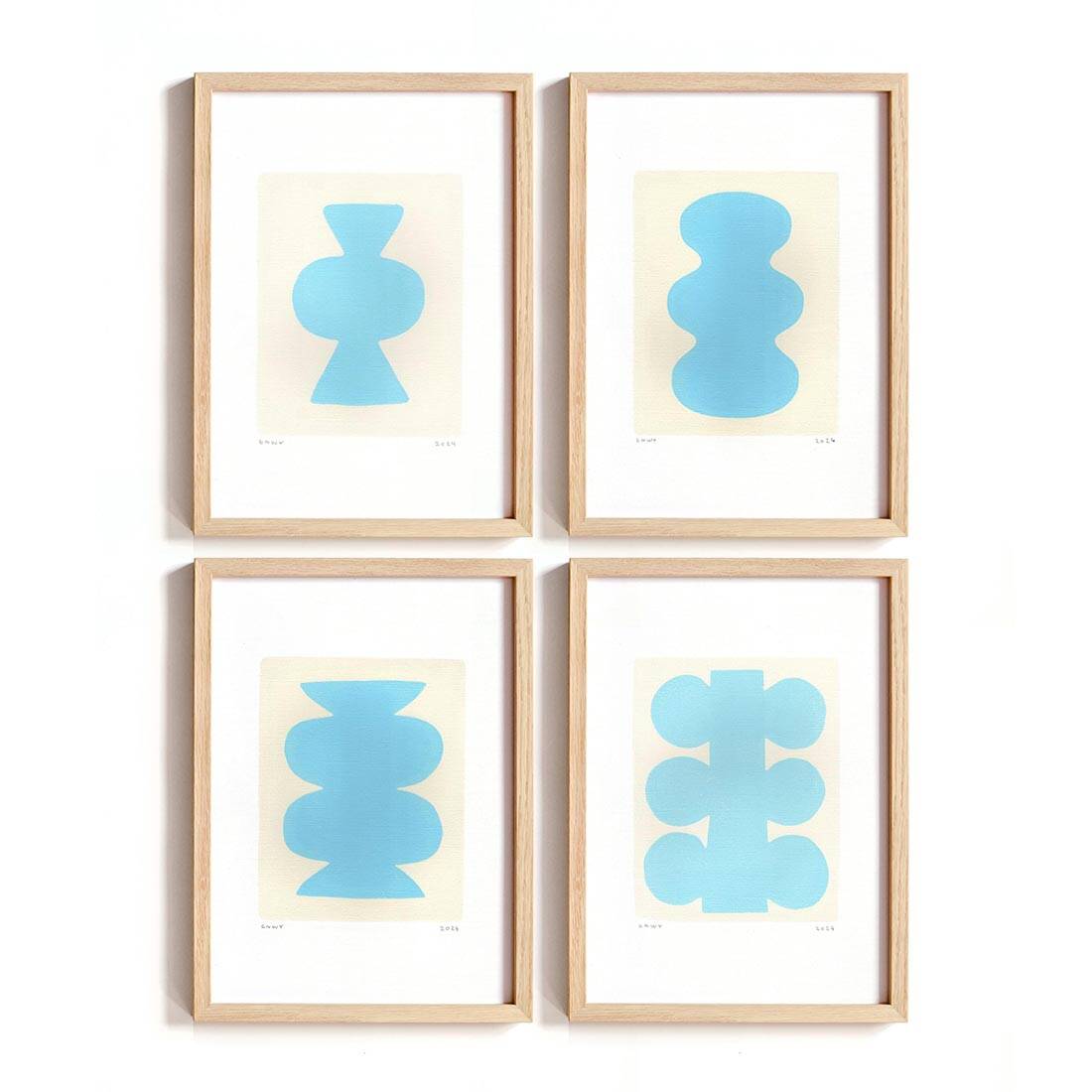 Collection of 4 sky blue abstract paintings signed Eawy.