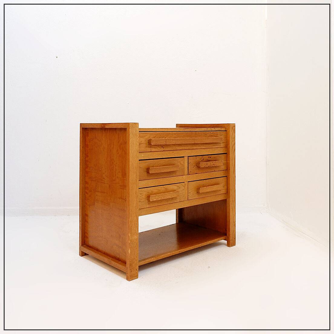 1960s wooden sewing cabinet with double-sided drawers