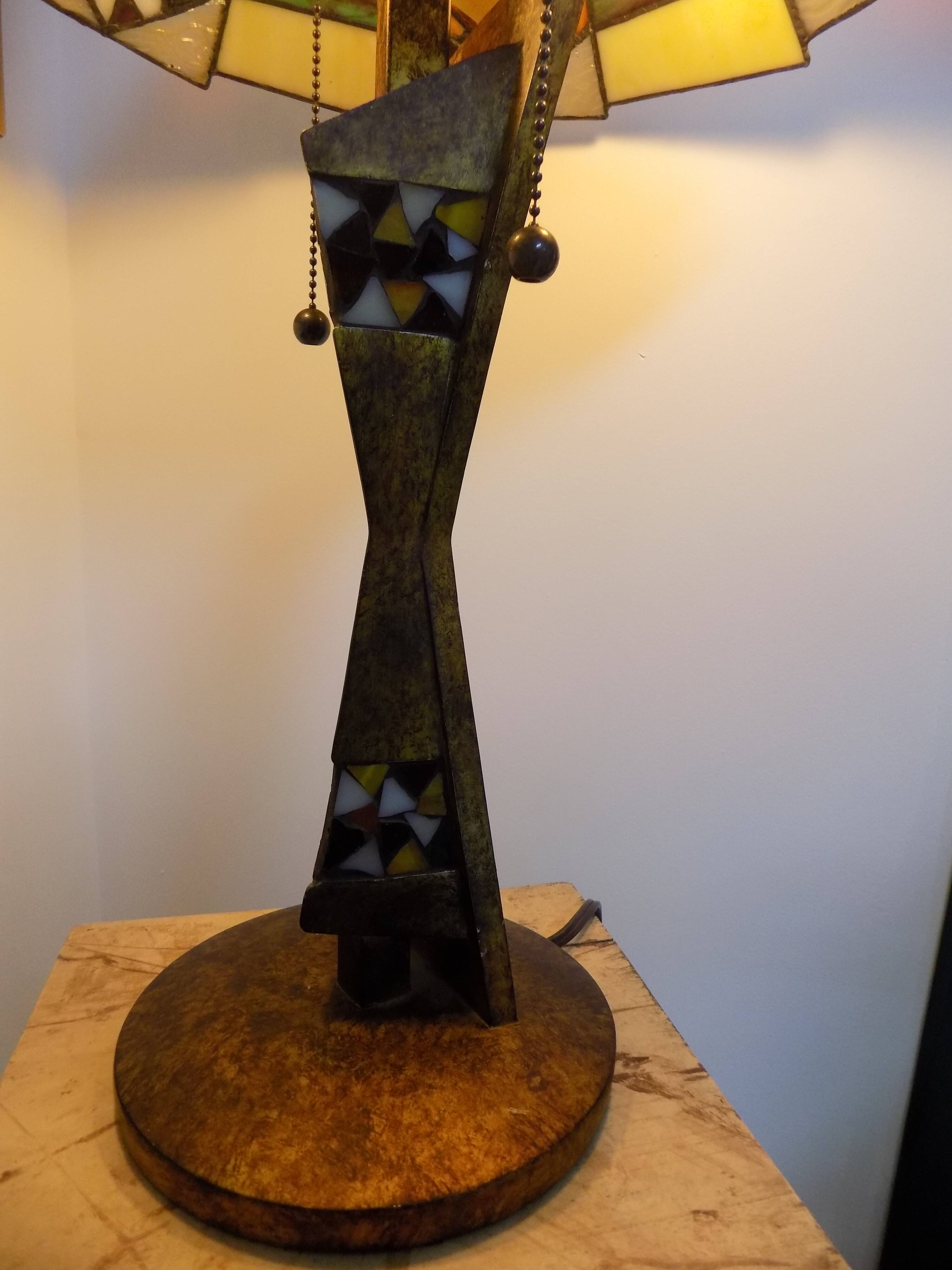 Tiffany art deco bronze lamp and stained glass