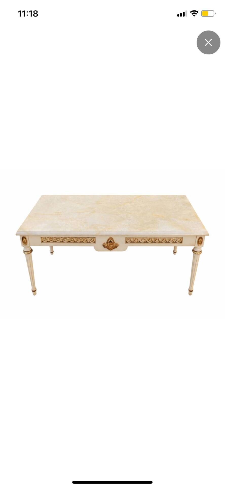 Louis XVI style coffee table in patinated and gilded wood, marble top.
