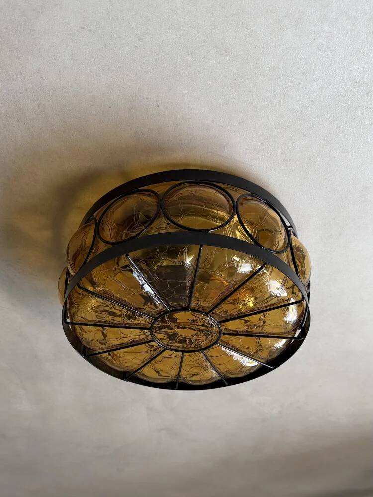 Vintage ceiling lamp amber crackle glass 1970s