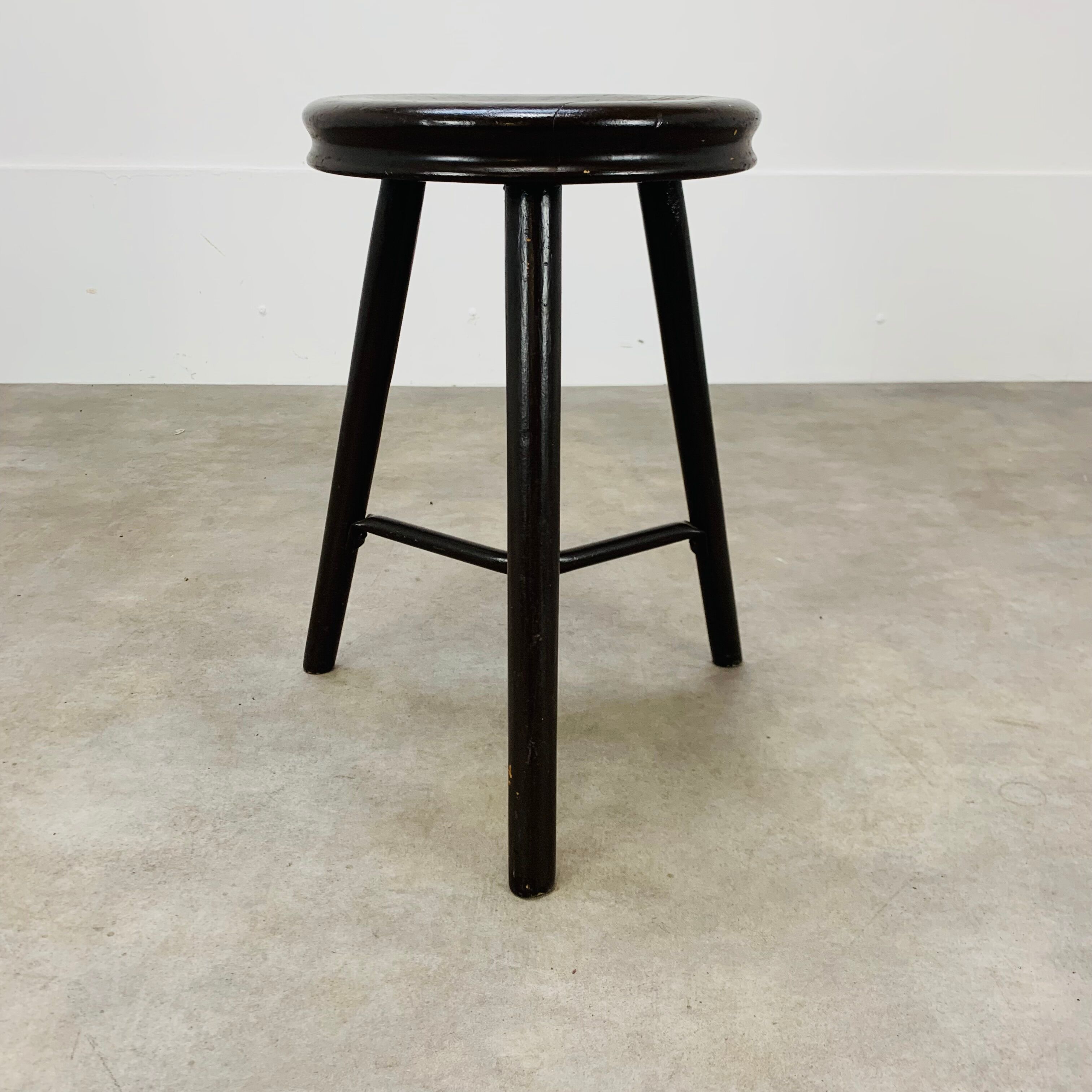Industrial metal and wood tripod stool