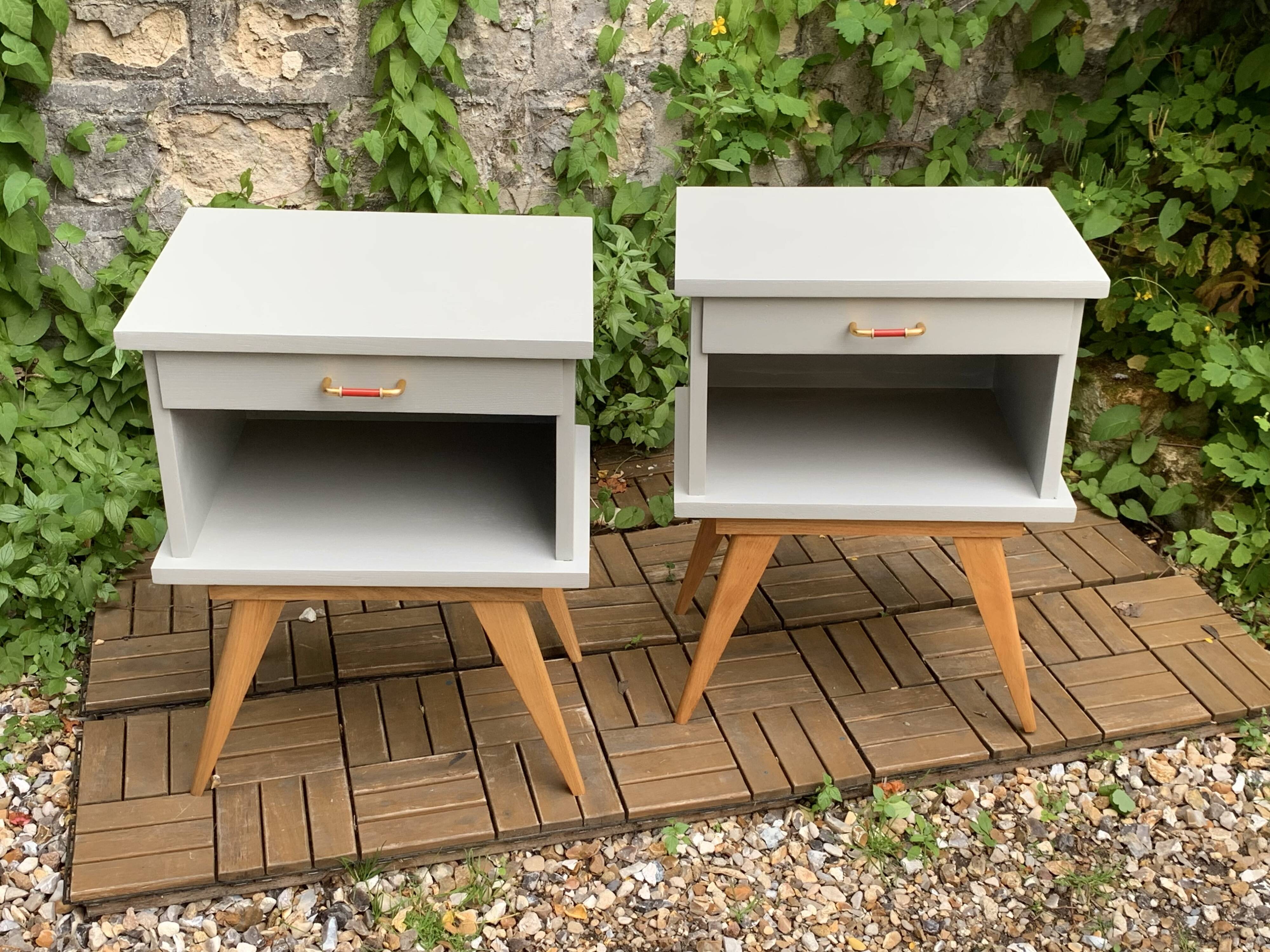 Pair of vintage 1950s compass foot bedside tables