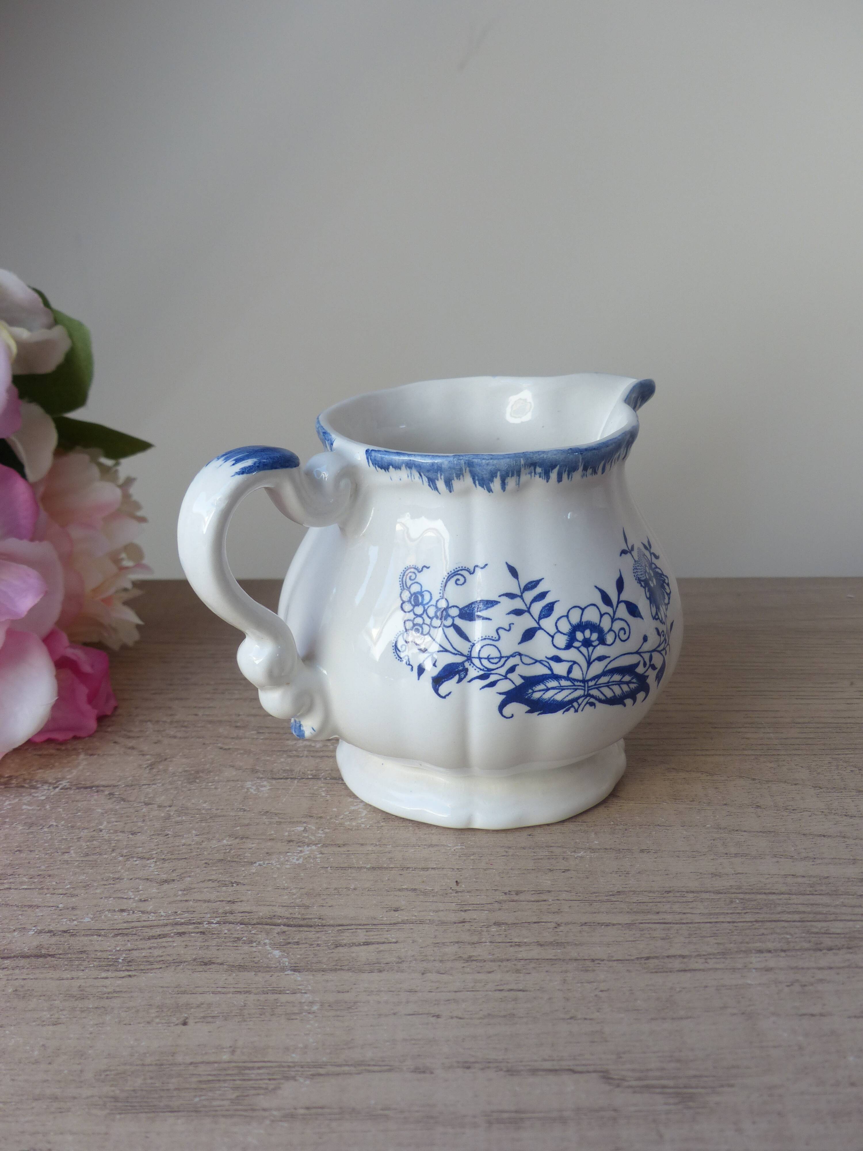Old Milk Jug, Creamer, Jug, Sarraguemines Lancaster Vintage Blue Flowers Decor