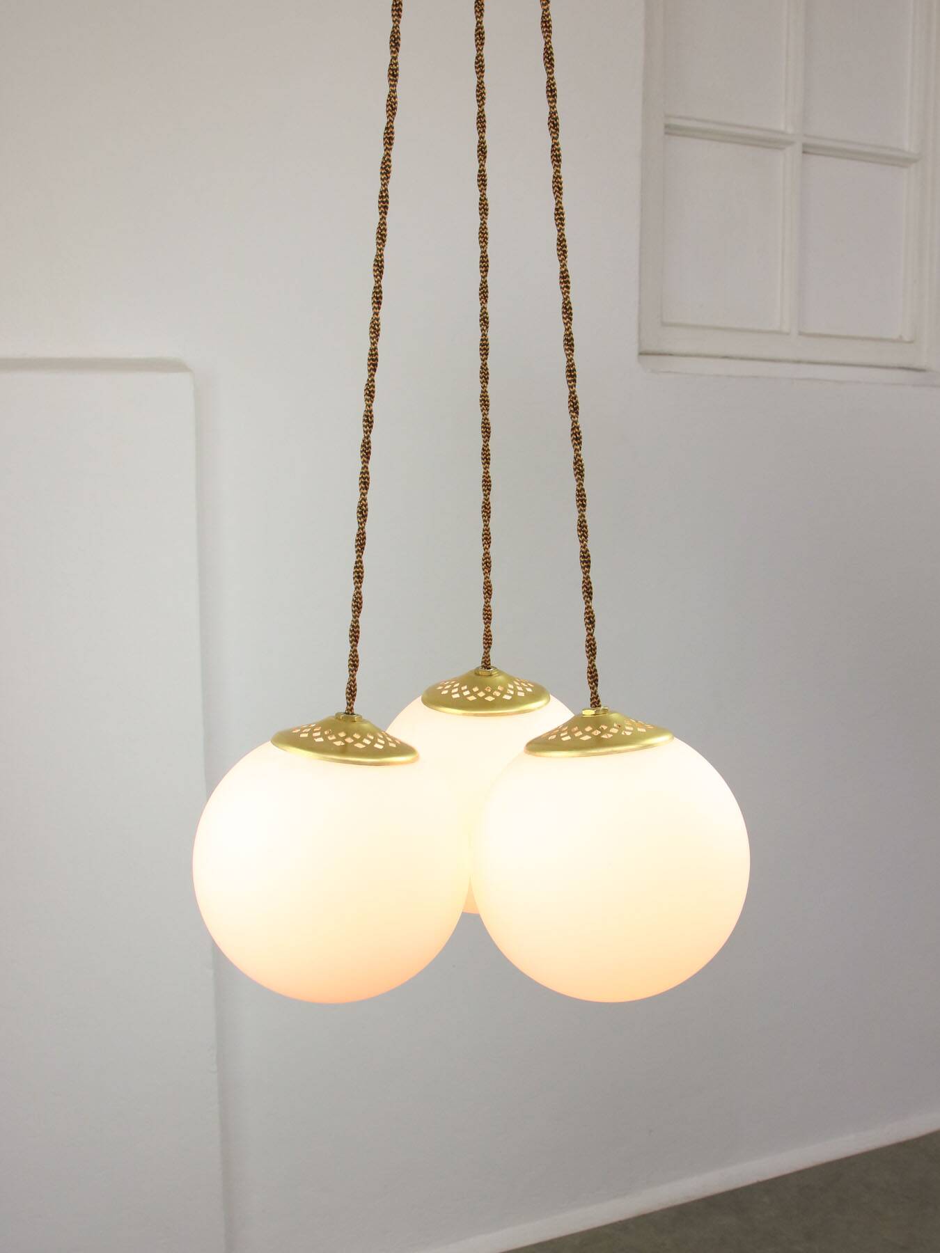Mid-Century Italian Brass & Opaline Cluster of Lamps