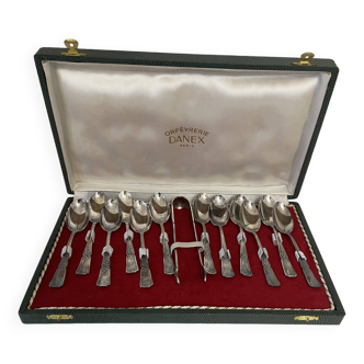 Set of 12 teaspoons and sugar tongs in silver metal goldsmith Danex