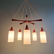 Large Scandinavian chandelier in teak and tubular white opaline, 1960.