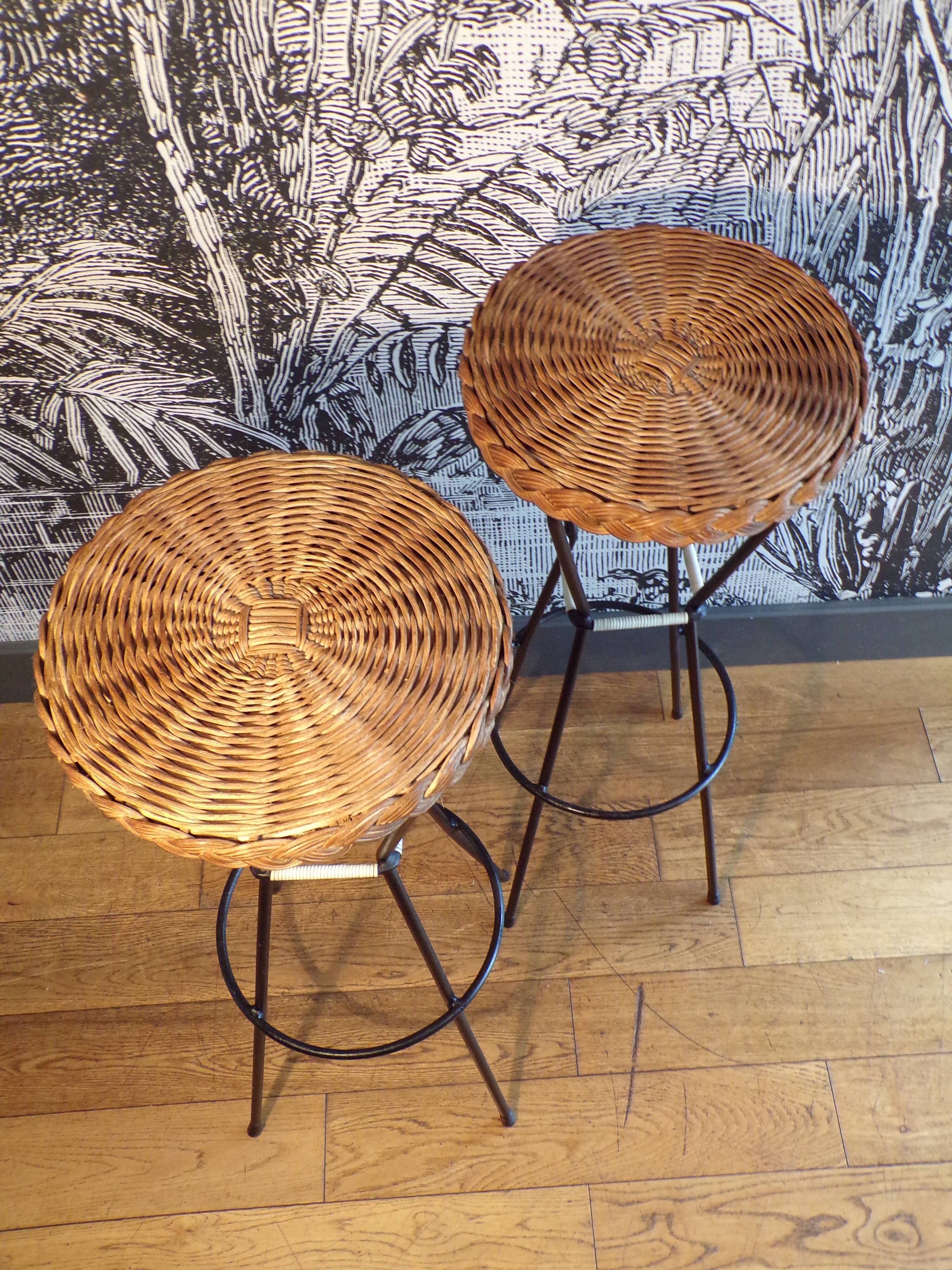 Pair of 1950s iron and rattan bar stools