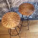 Pair of 1950s iron and rattan bar stools