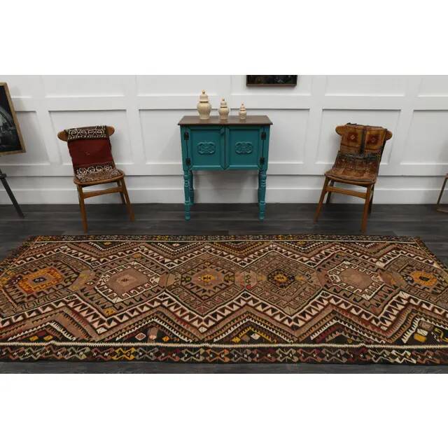 1970s Vintage Turkish Oushak Handmade Wool Cotton Orange Runner Rug 132X341