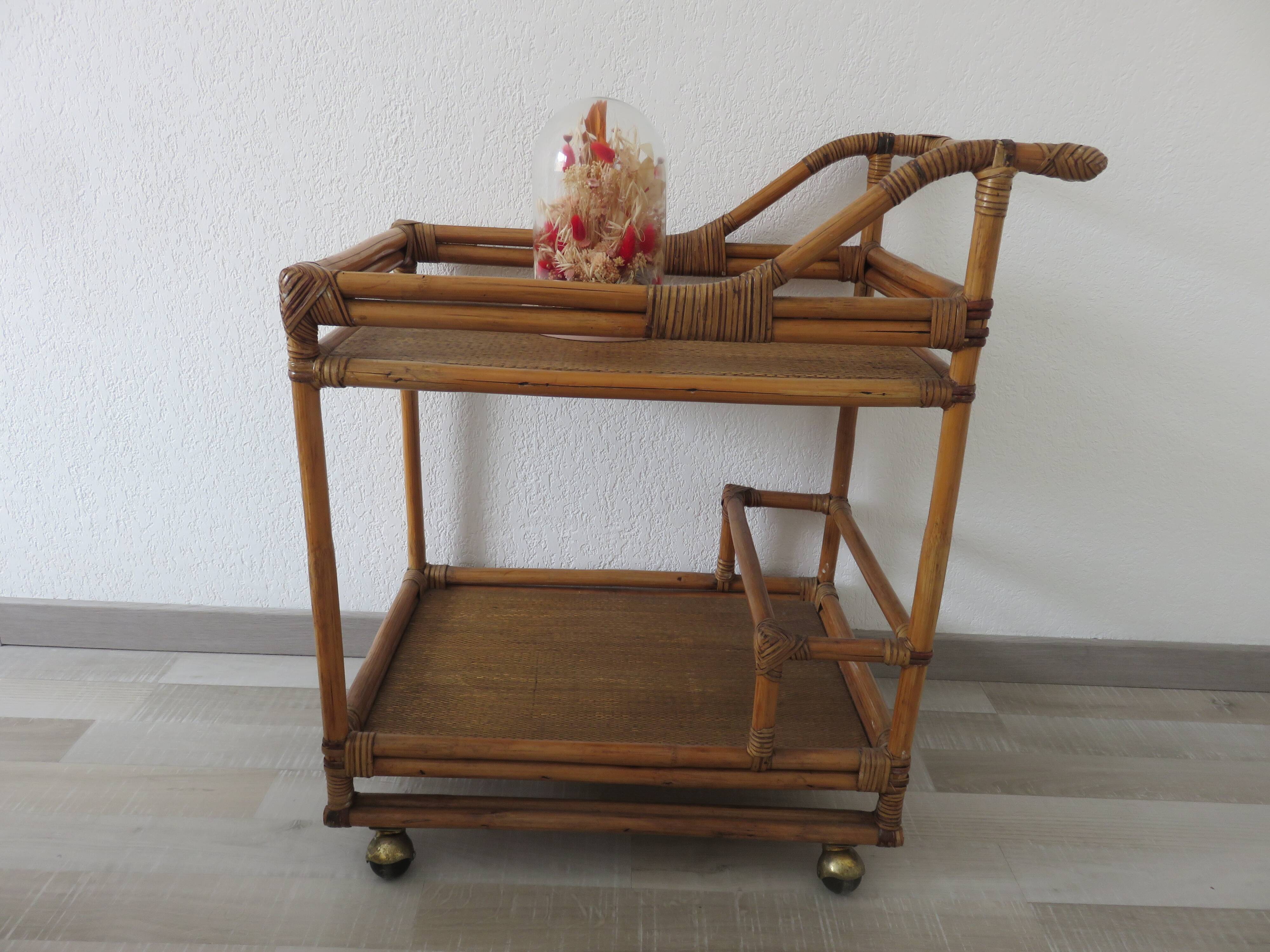 Rolling table, bamboo rattan service 70s
