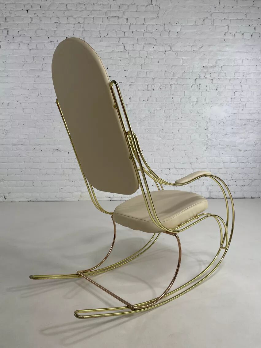 60s rocking chair in brass and ecru faux leather