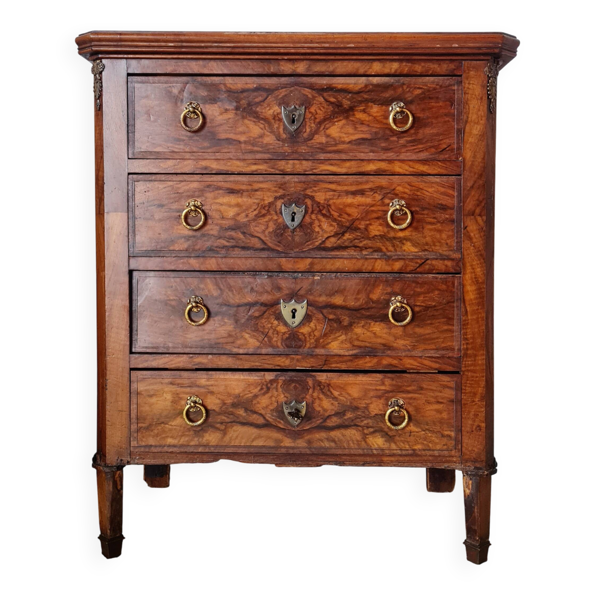 Antique Louis XV style walnut burl commode – 4 drawers – Marquetry