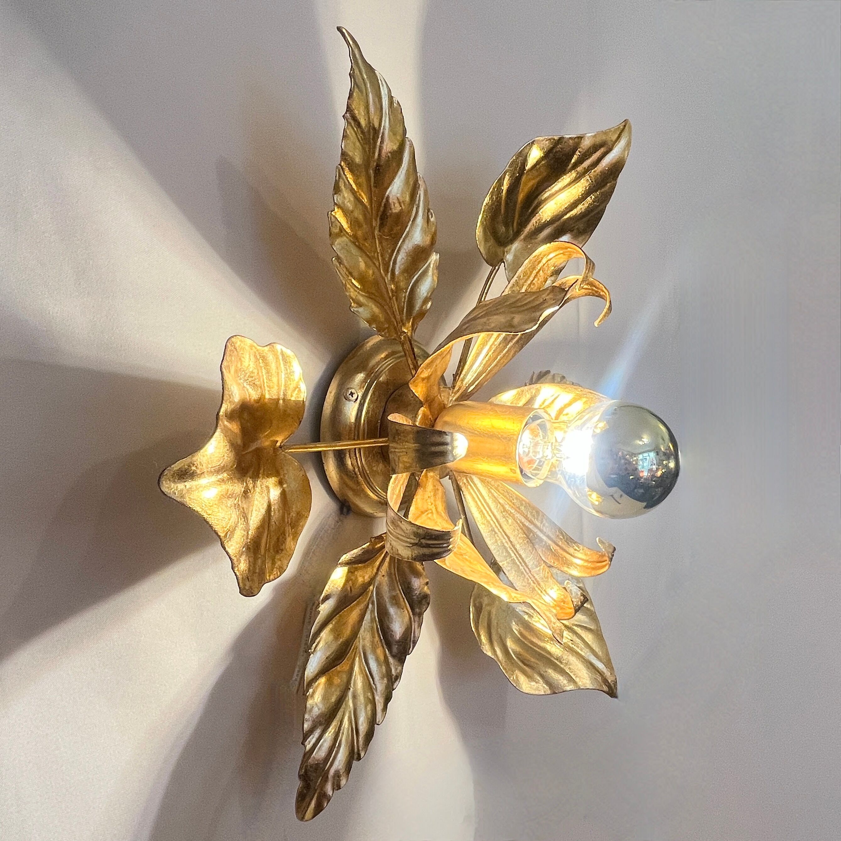 Vintage gold leaf metal flower ceiling light Florentine wall sconce