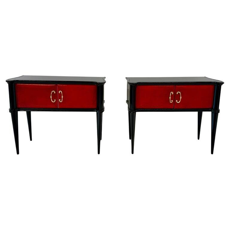Pair of Italian Art Deco Nightstands in Red Parchment and Black Lacquer, 19
